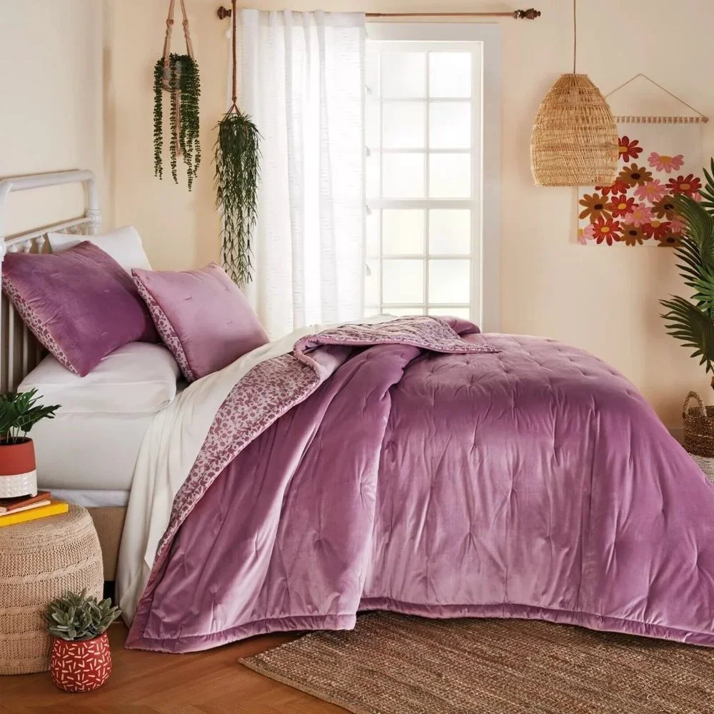 new Wild Sage Velvet Floral 3-pc Reversible 8lb KING Quilt Set Mauve Orchid Pink